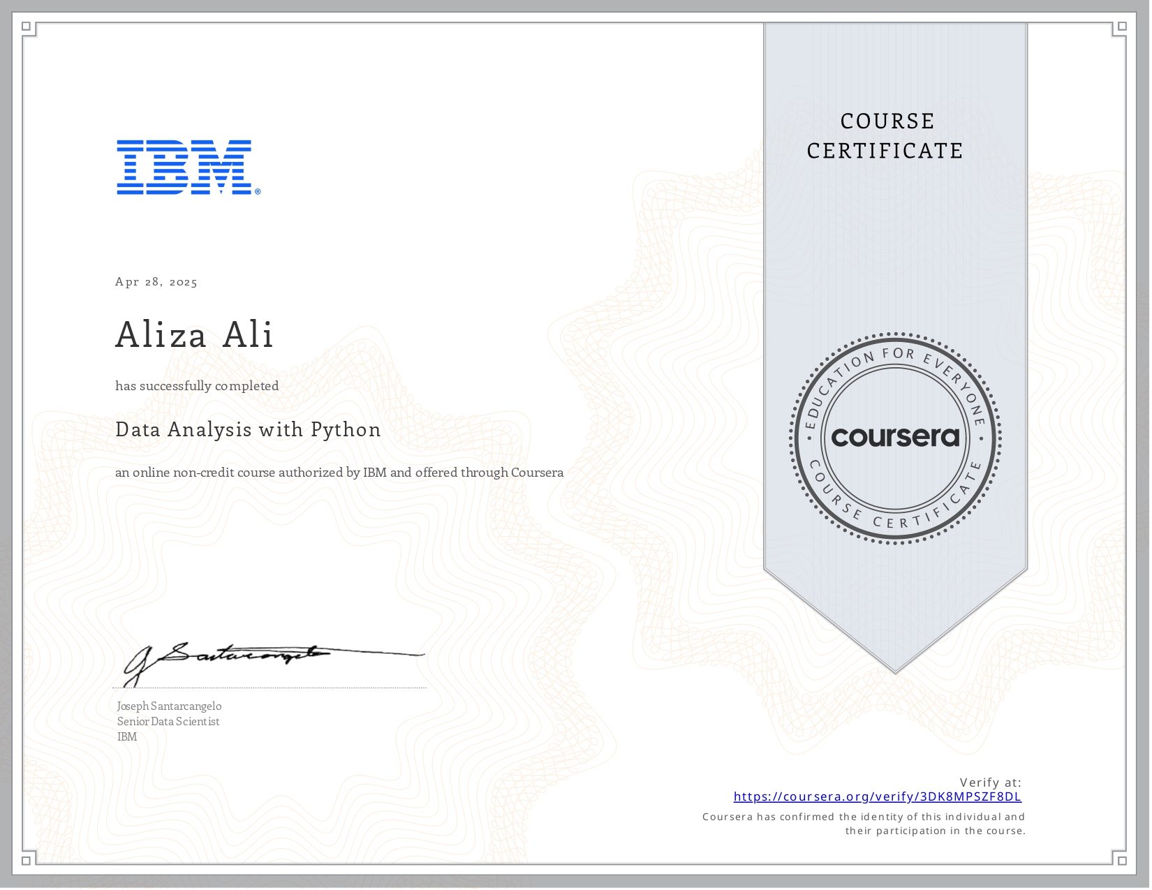 Data Analysis With Python Certificate